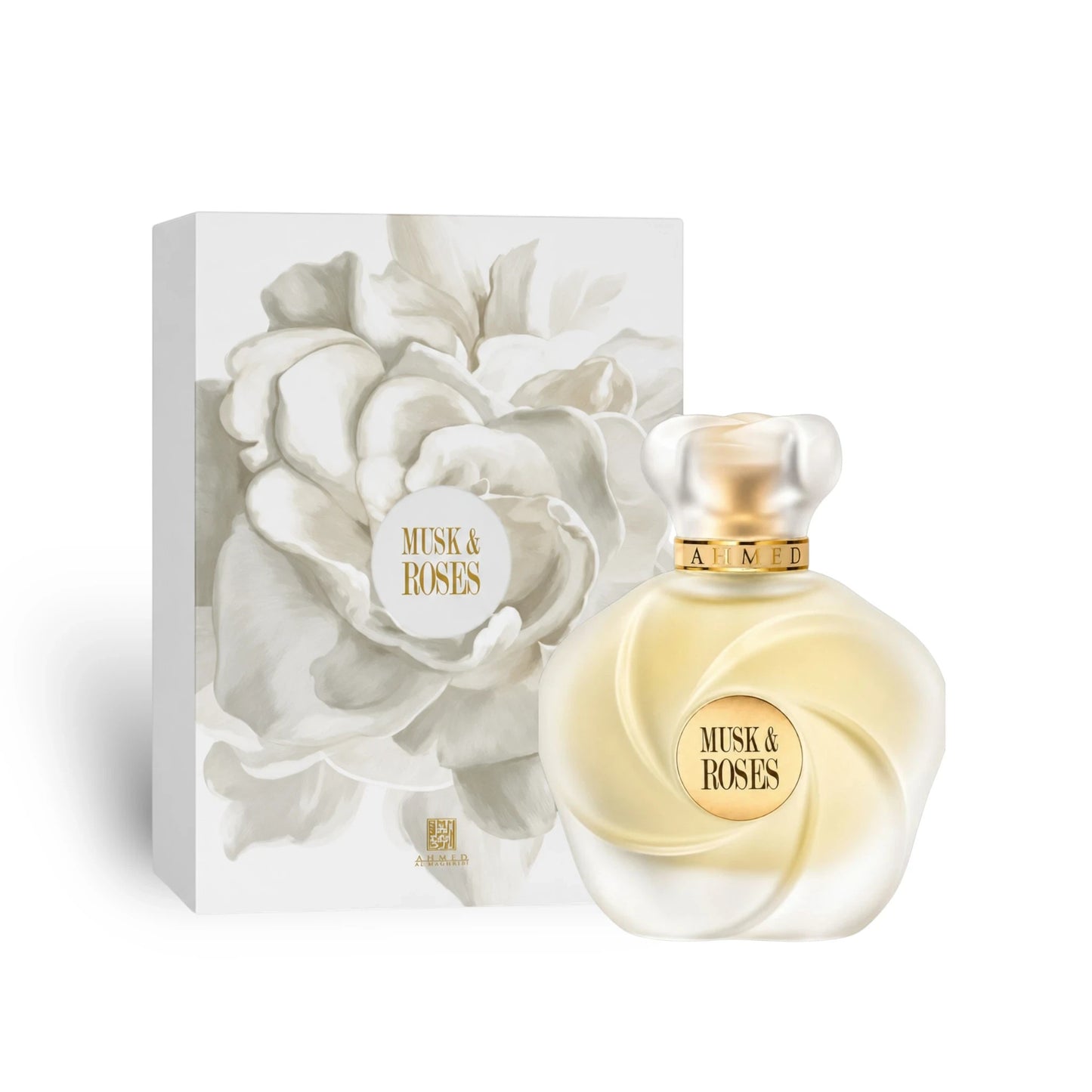 Soghaat Ahmed Al Maghribi Musk & Roses Extrait de Parfum bottle and floral gift box, an amber oud woody fragrance.
