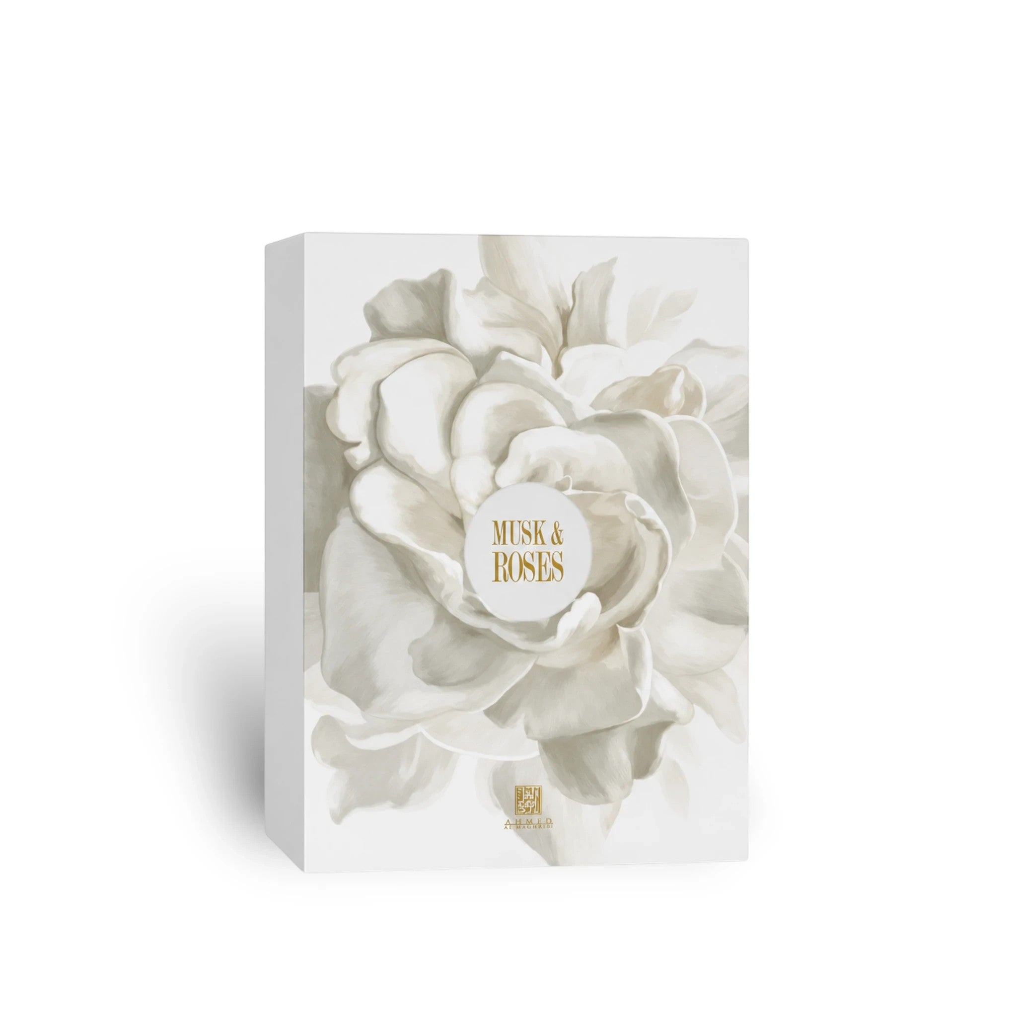 Soghaat Musk & Roses Extrait de Parfum by Ahmed Al Maghribi in a white box with elegant floral illustration