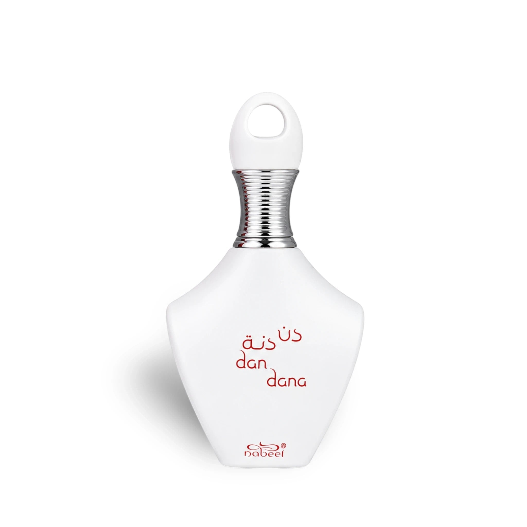 Soghaat Nabeel Dan Dana 100ml Eau de Parfum in a sleek white bottle with silver accents and red calligraphy branding.