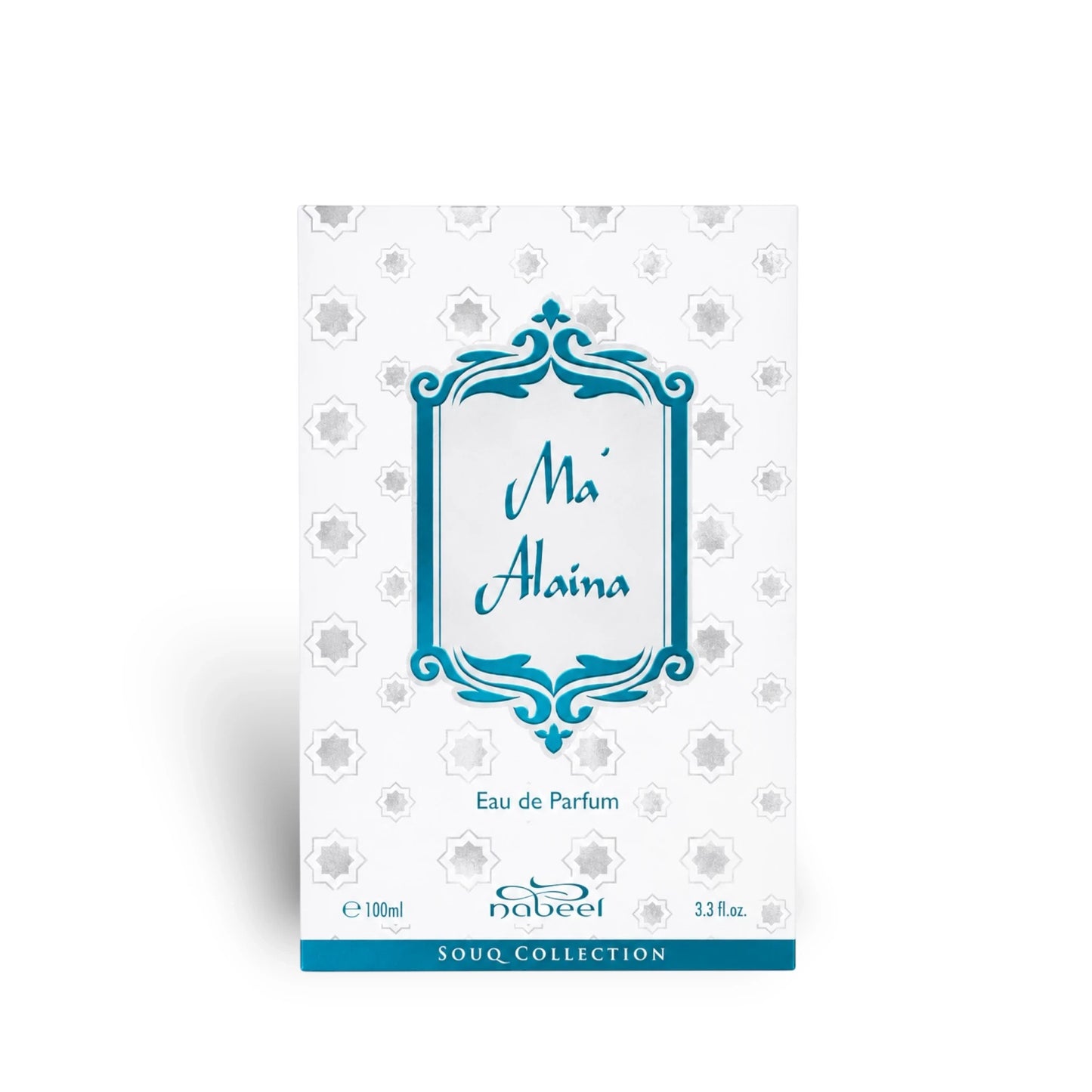 Soghaat Nabeel Ma'Alaina 100ml Eau de Parfum box with white and silver geometric pattern and blue ornate frame.