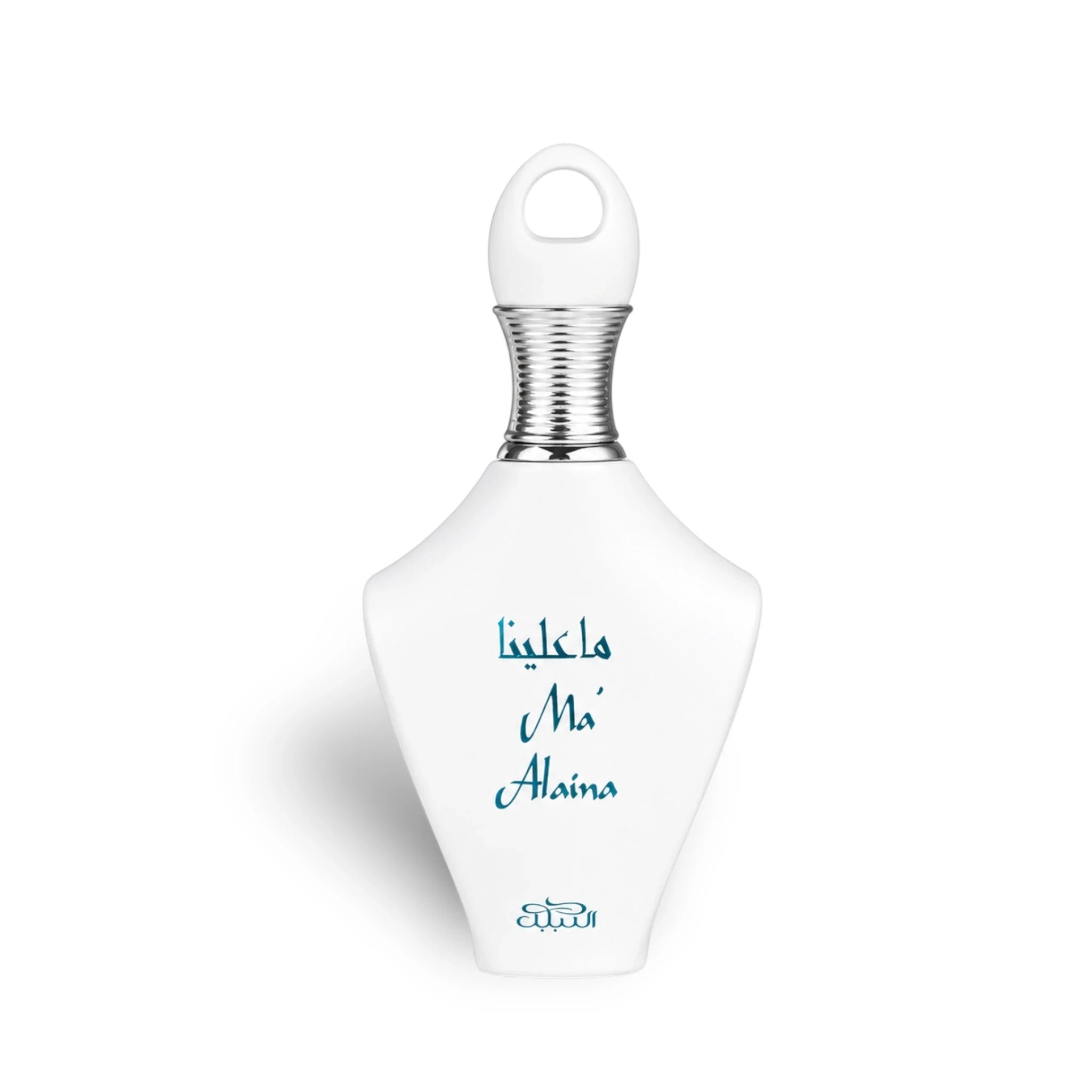Soghaat Nabeel Ma'Alaina Eau de Parfum in a sleek white bottle with a silver neck and unique ring-shaped cap.
