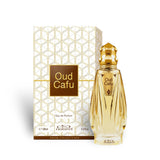 Soghaat Nabeel Oud Cafu 100ml Eau de Parfum bottle and box with gold geometric patterns and fresh woody scent profile