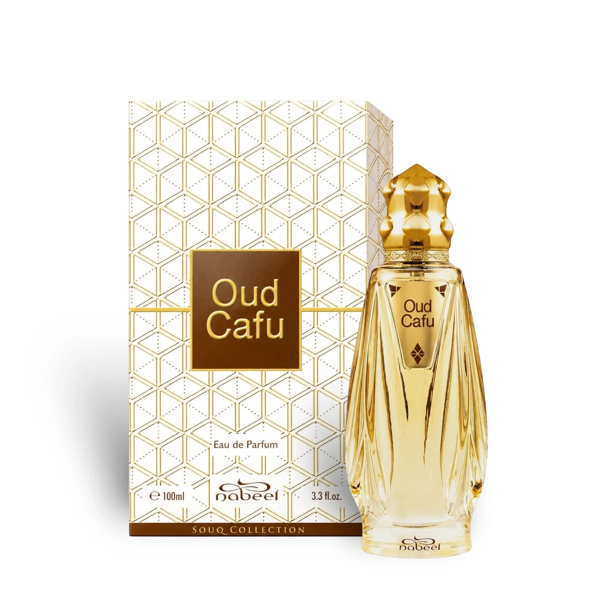 Soghaat Nabeel Oud Cafu 100ml Eau de Parfum bottle and box with gold geometric patterns and fresh woody scent profile