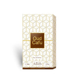 Soghaat Nabeel Oud Cafu 100ml Eau de Parfum box with white and gold geometric pattern and brown central label.