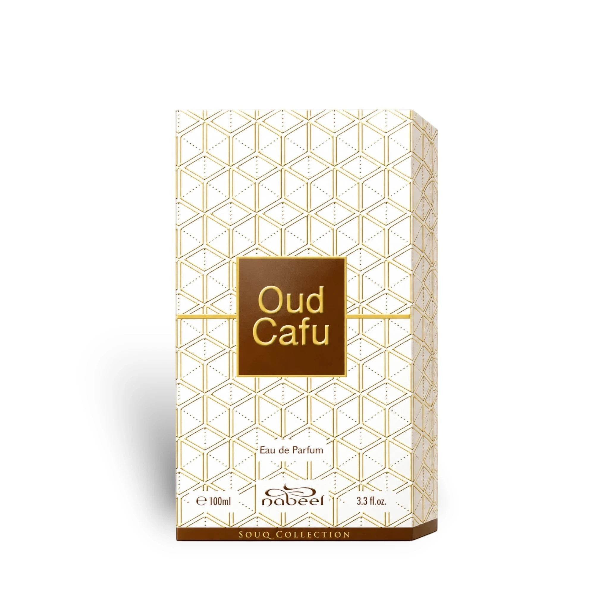 Soghaat Nabeel Oud Cafu 100ml Eau de Parfum box with white and gold geometric pattern and brown central label.