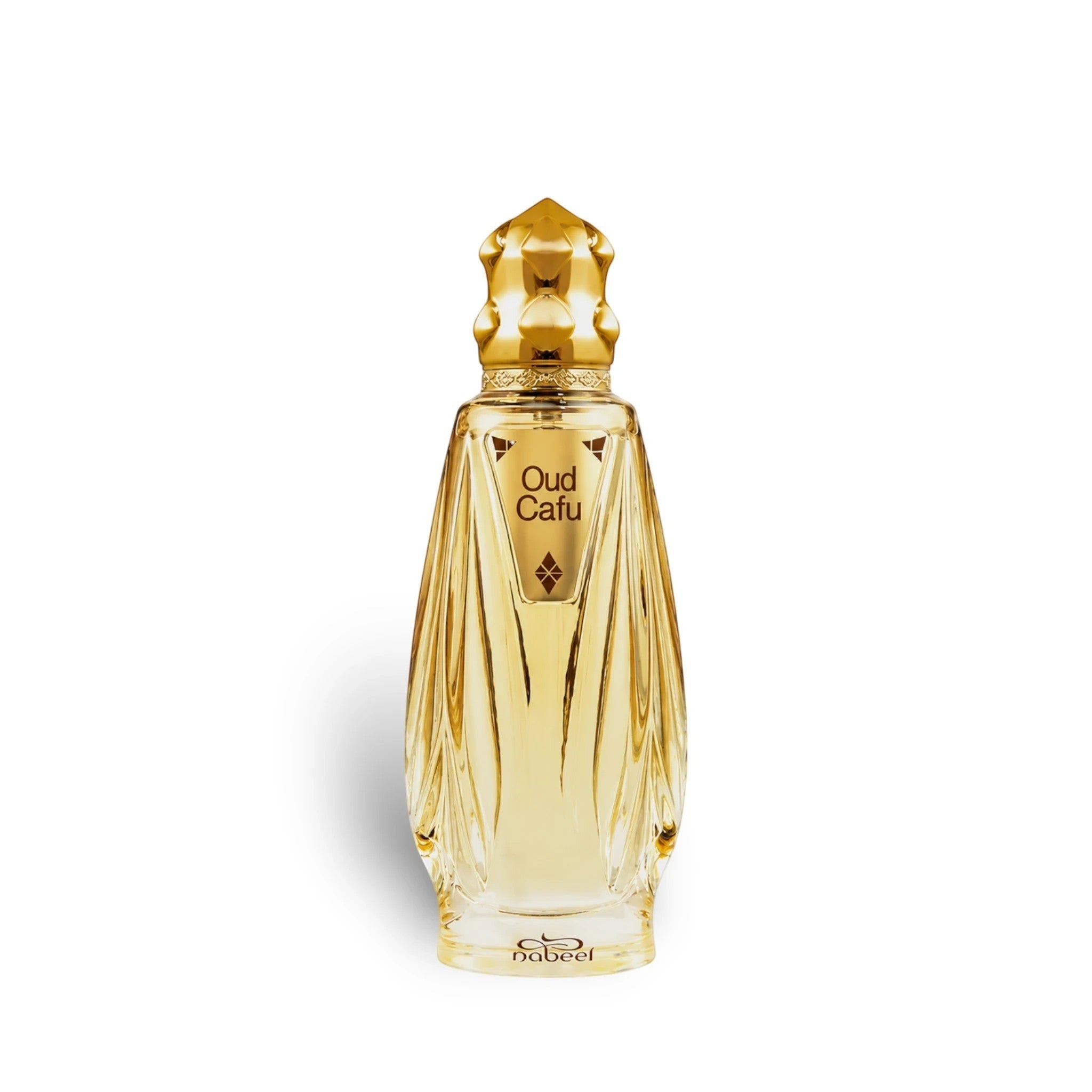Soghaat Nabeel Oud Cafu Eau de Parfum in a sleek, faceted glass bottle with a gold cap, featuring fresh woody notes.
