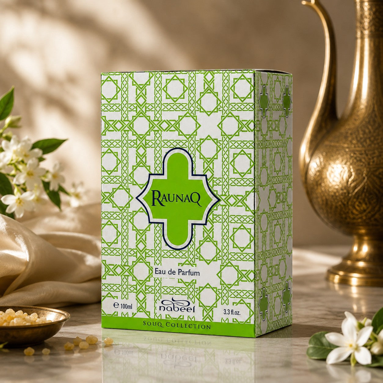 Soghaat Nabeel Raunaq Eau de Parfum 100ml bottle in a green and white patterned box on a marble surface.