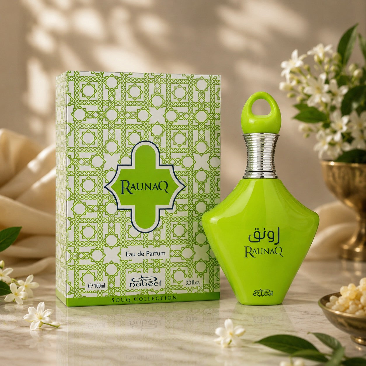Soghaat Nabeel Raunaq Eau de Parfum bottle and box in bright green with intricate geometric patterns on a marble surface.