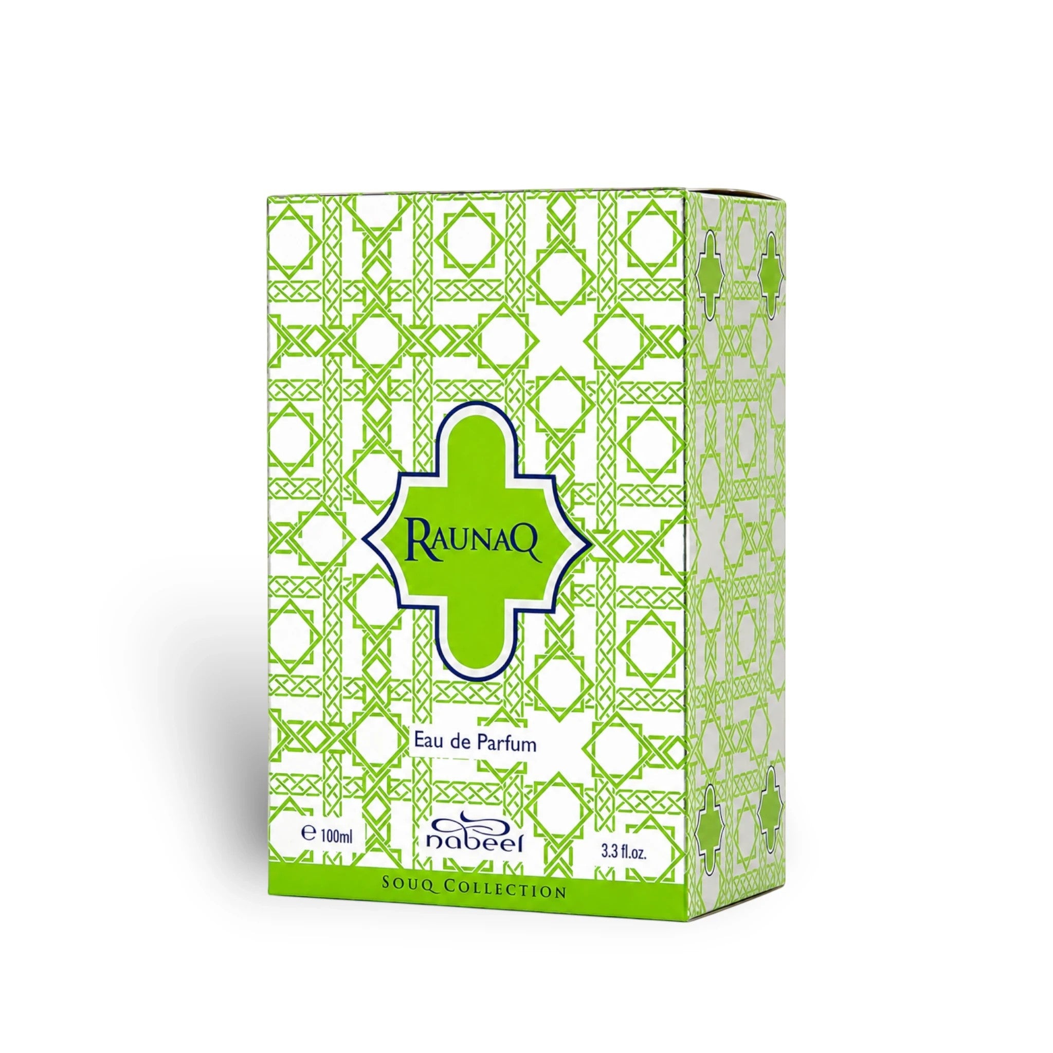 Soghaat Nabeel Raunaq Eau de Parfum 100ml bottle in a green and white geometric patterned box for men