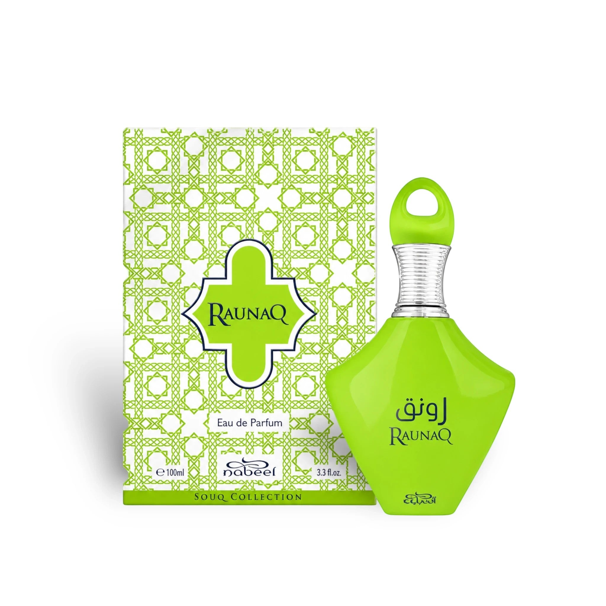 Soghaat Nabeel Raunaq 100ml Eau de Parfum in a bright green bottle with matching patterned box for men.
