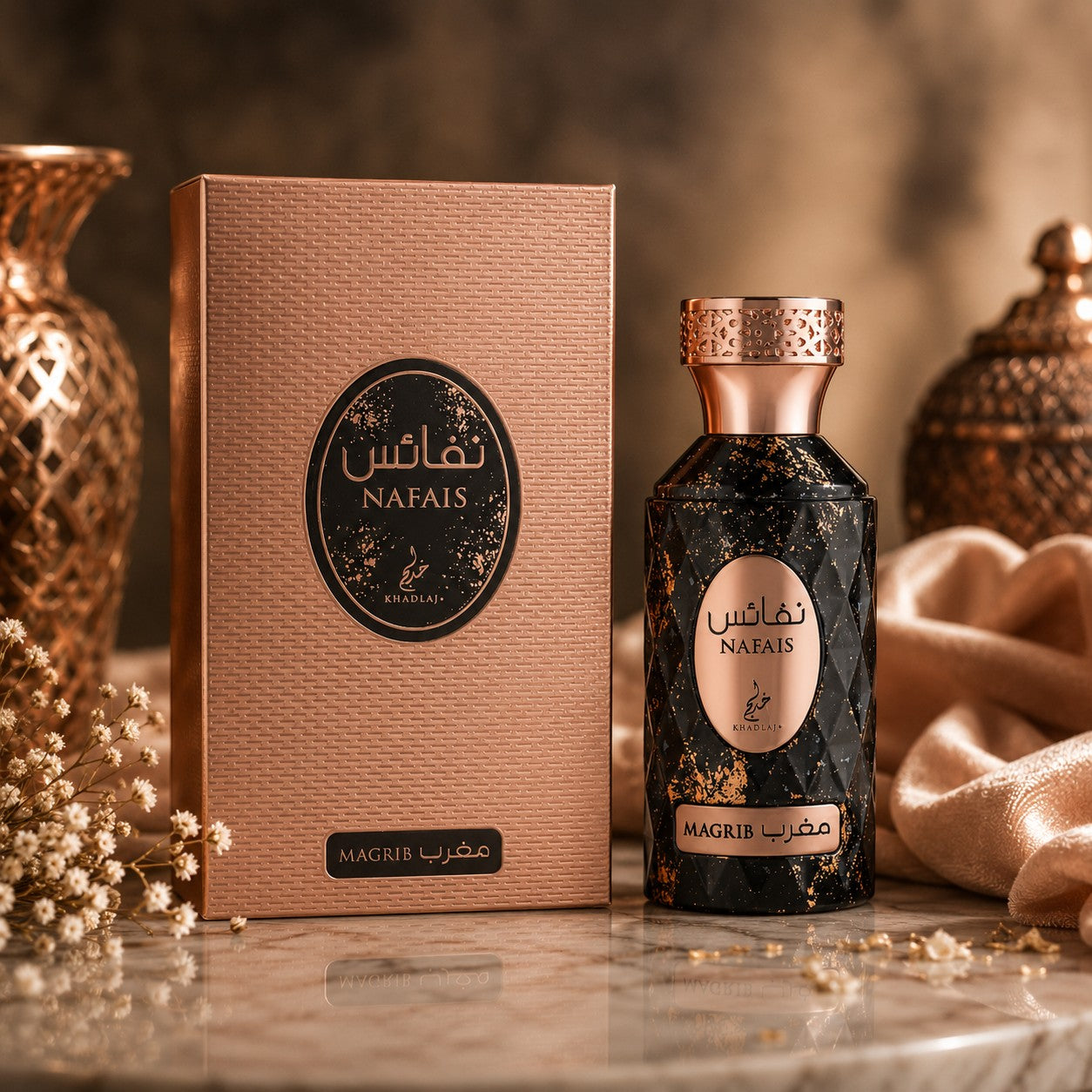 Soghaat Nafais Magrib 100ml Eau de Parfum bottle and box, featuring a black bottle with gold flecks and a rose gold cap, alongside a rose gold textured box.