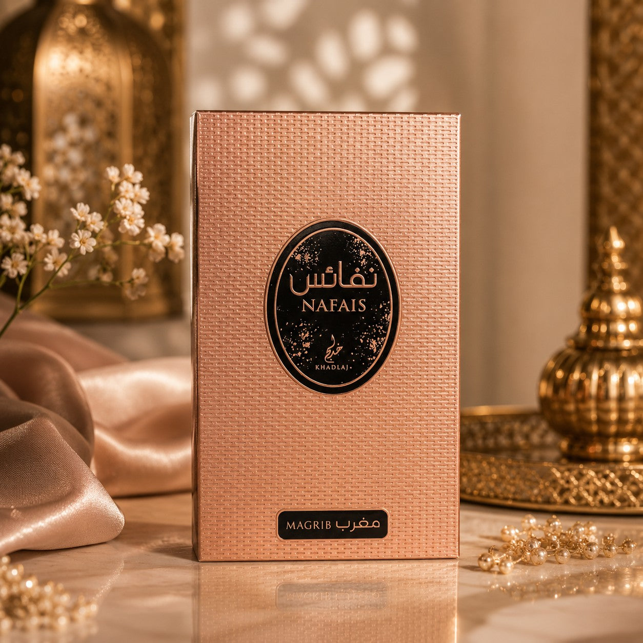 Soghaat Nafais Magrib 100ml Eau de Parfum box, rose gold textured packaging with oval label featuring Arabic script and 'NAFAIS' in English.