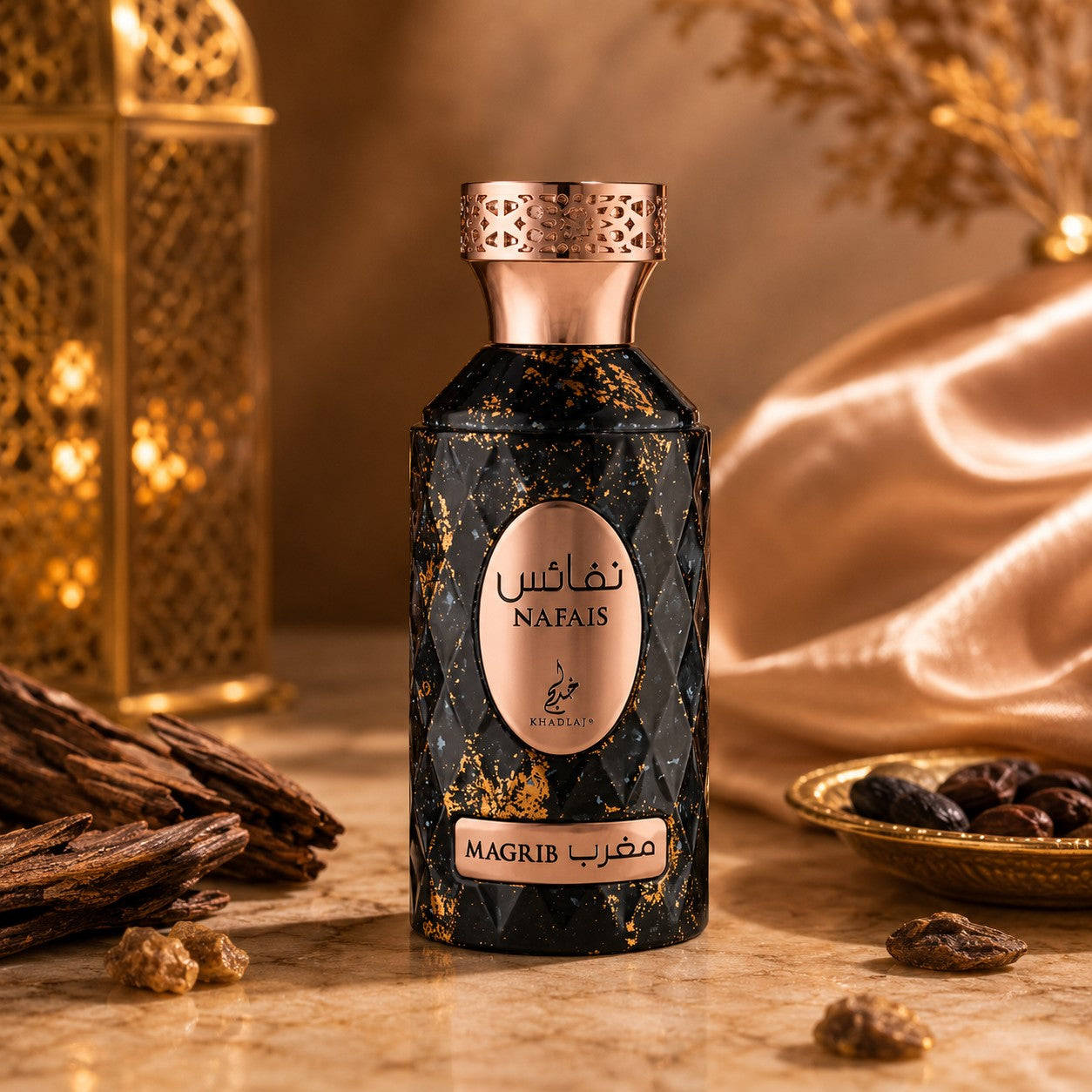 Soghaat Nafais Magrib 100ml Eau de Parfum, a unisex fresh clean musk fragrance with a black and gold textured bottle and rose gold cap.