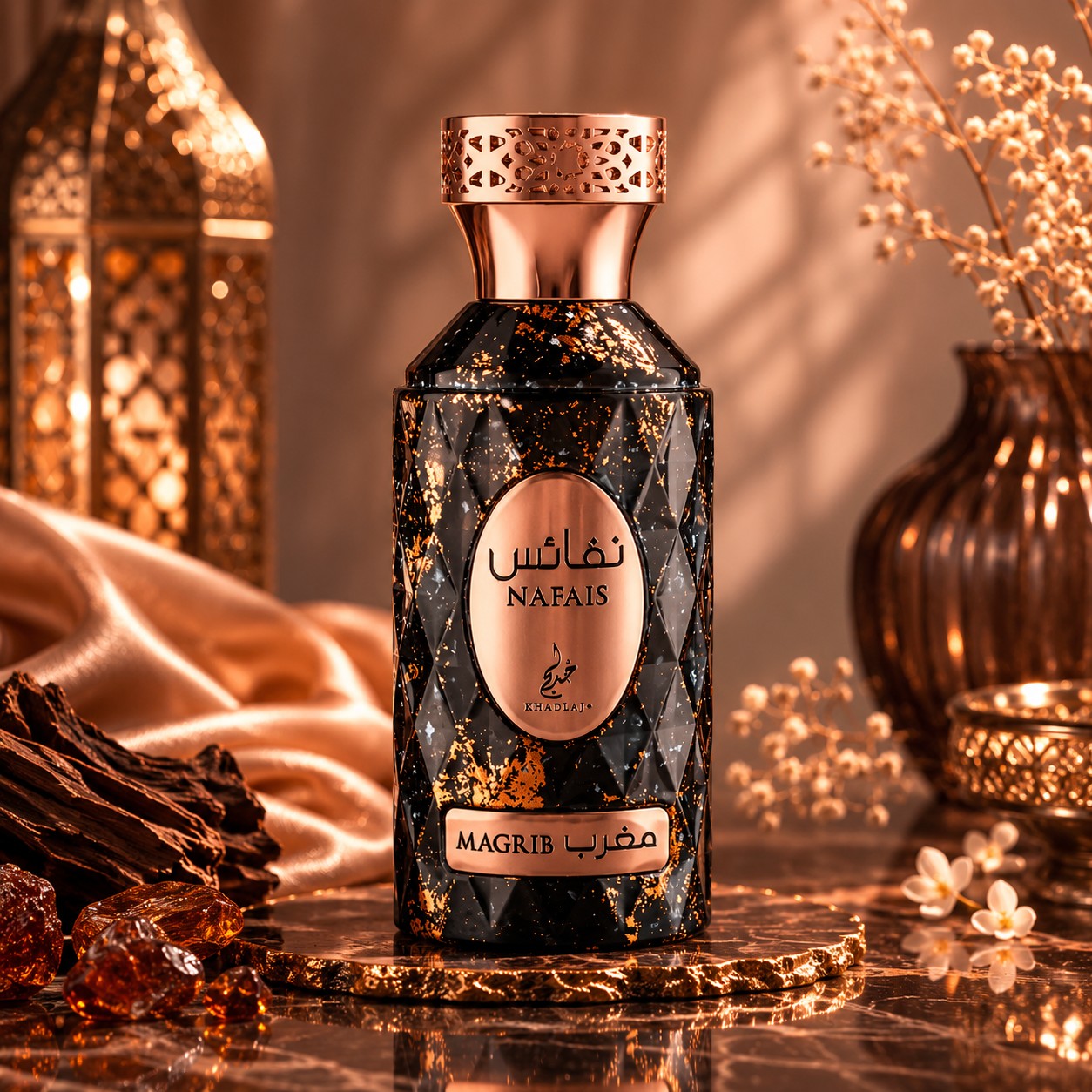 Soghaat Nafais Magrib 100ml Eau de Parfum, a unisex fresh clean musk fragrance with a black textured bottle adorned with gold flecks.
