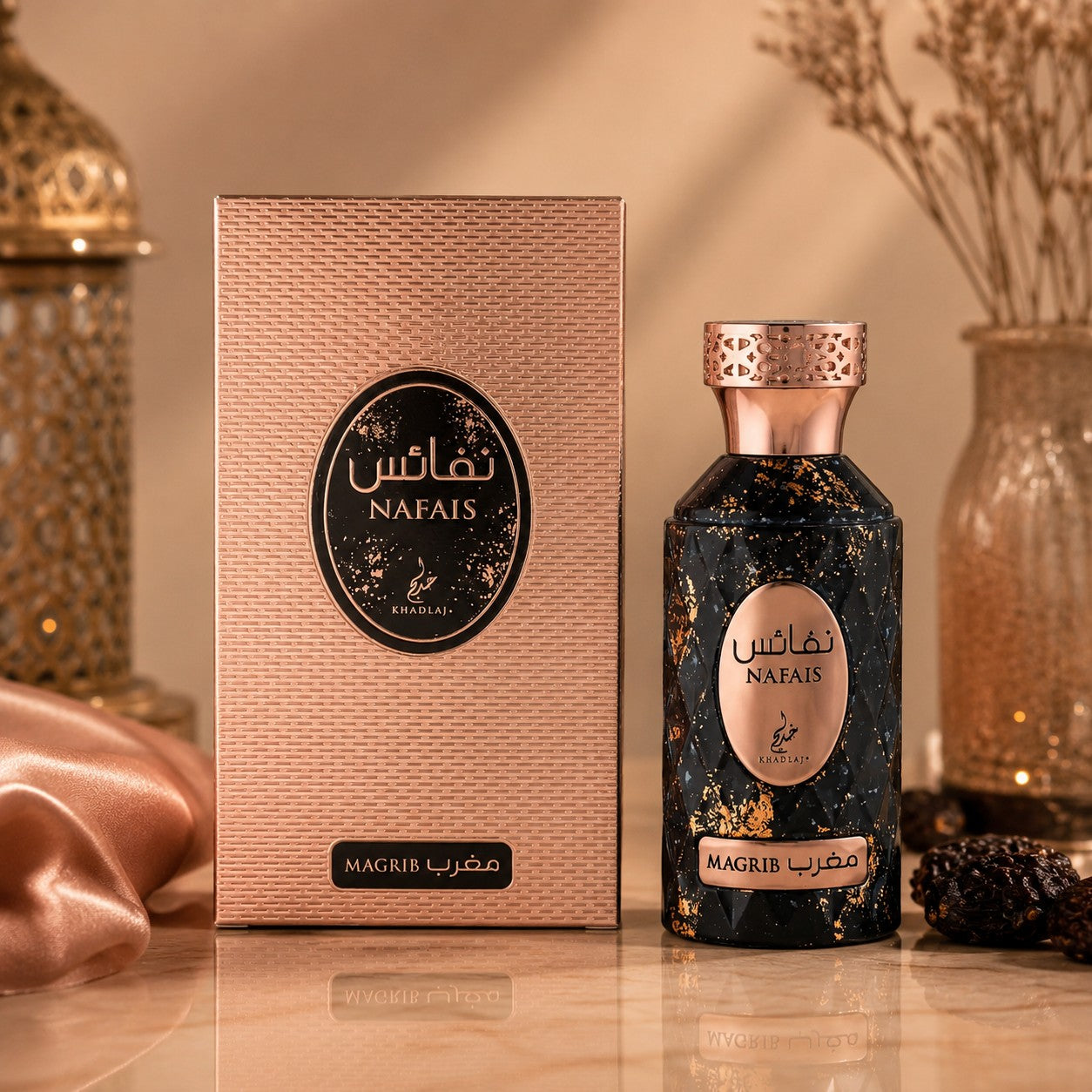 Soghaat Nafais Magrib 100ml Eau de Parfum for unisex, featuring a black speckled bottle with gold accents and a rose gold textured box.