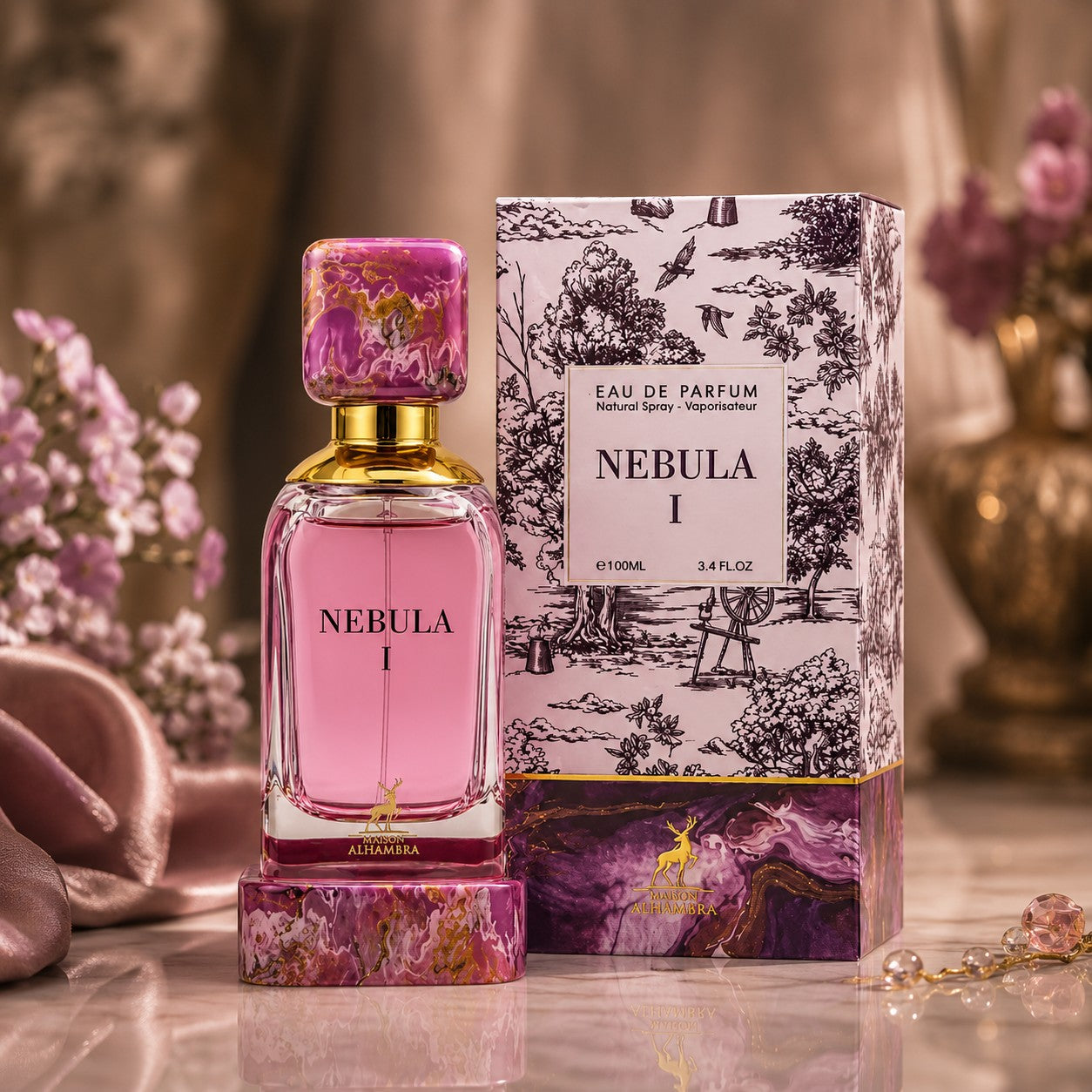 Maison Alhambra Nebula I 100ml Eau de Parfum, a pink floral gourmand fragrance with orange blossom, jasmine, and vanilla notes.