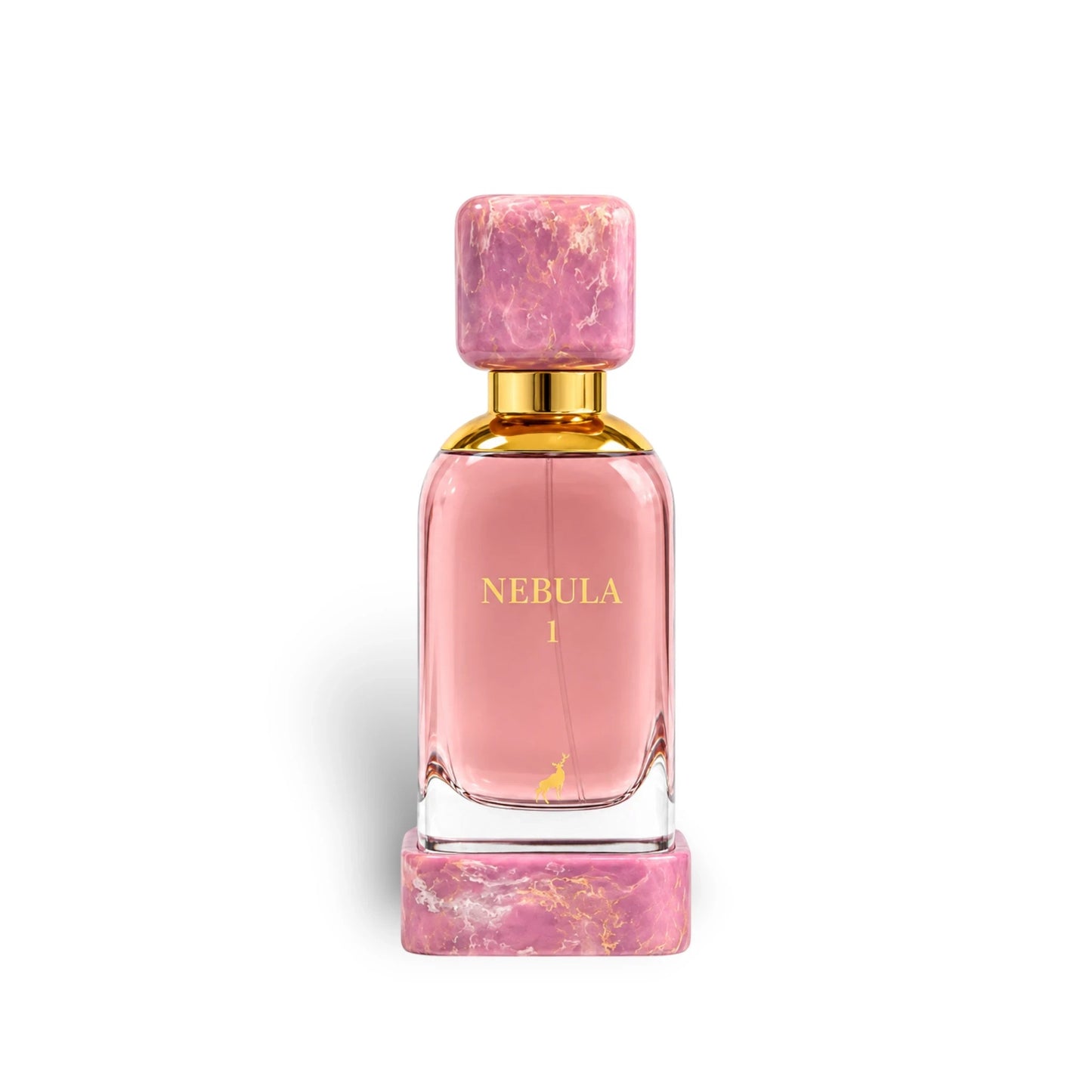 Soghaat Nebula I 100ml Eau de Parfum, a unisex fresh floral gourmand fragrance with pink liquid, gold accents, and a marbled pink cap.