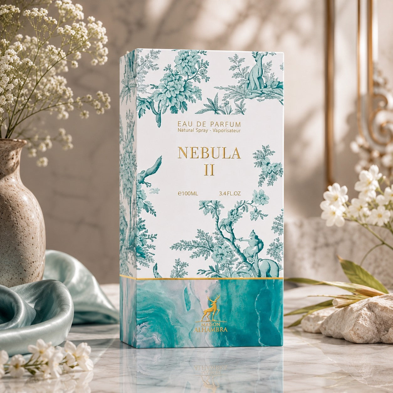Soghaat Nebula II 100ml Eau de Parfum box with a fresh oud woody scent profile, featuring floral and animal motifs.