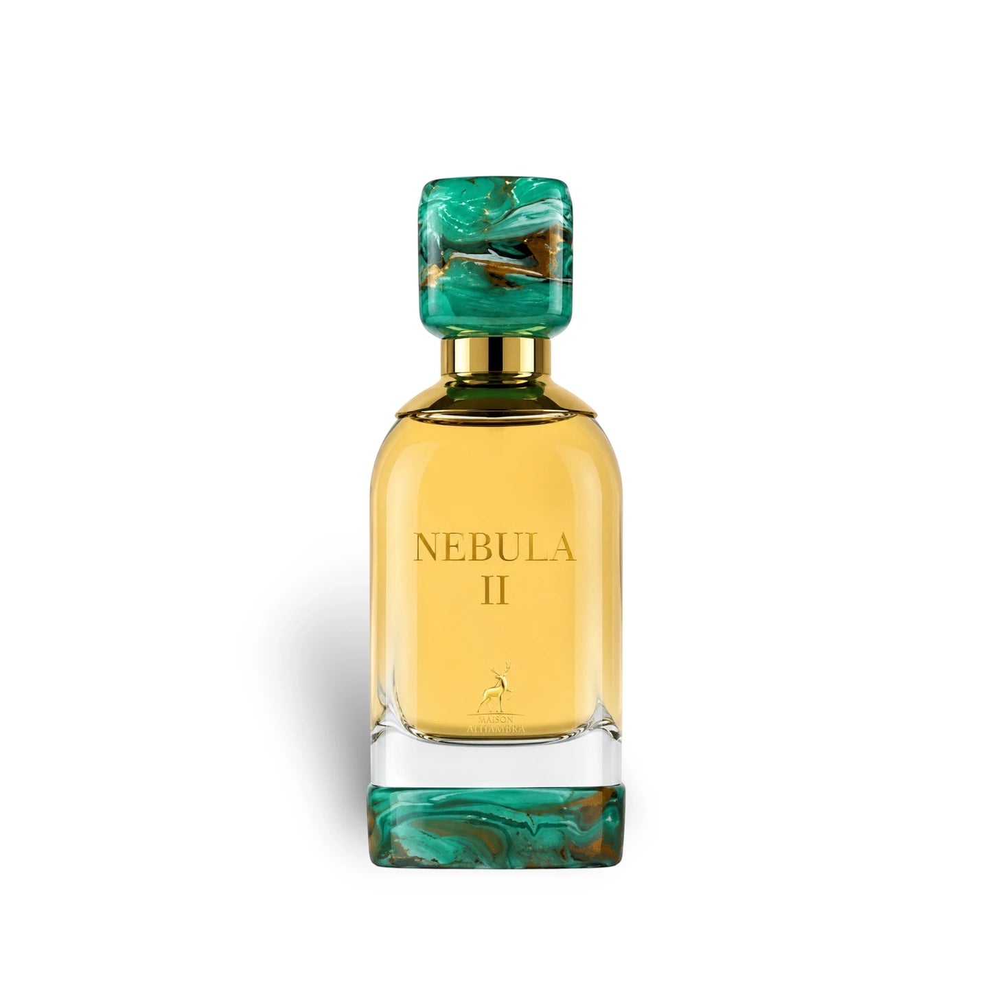 Soghaat Nebula II 100ml Eau de Parfum for unisex, featuring a yellow liquid and a decorative green and gold cap and base.