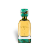 Soghaat Nebula II 100ml Eau de Parfum for unisex, featuring a yellow liquid and a decorative green and gold cap and base.