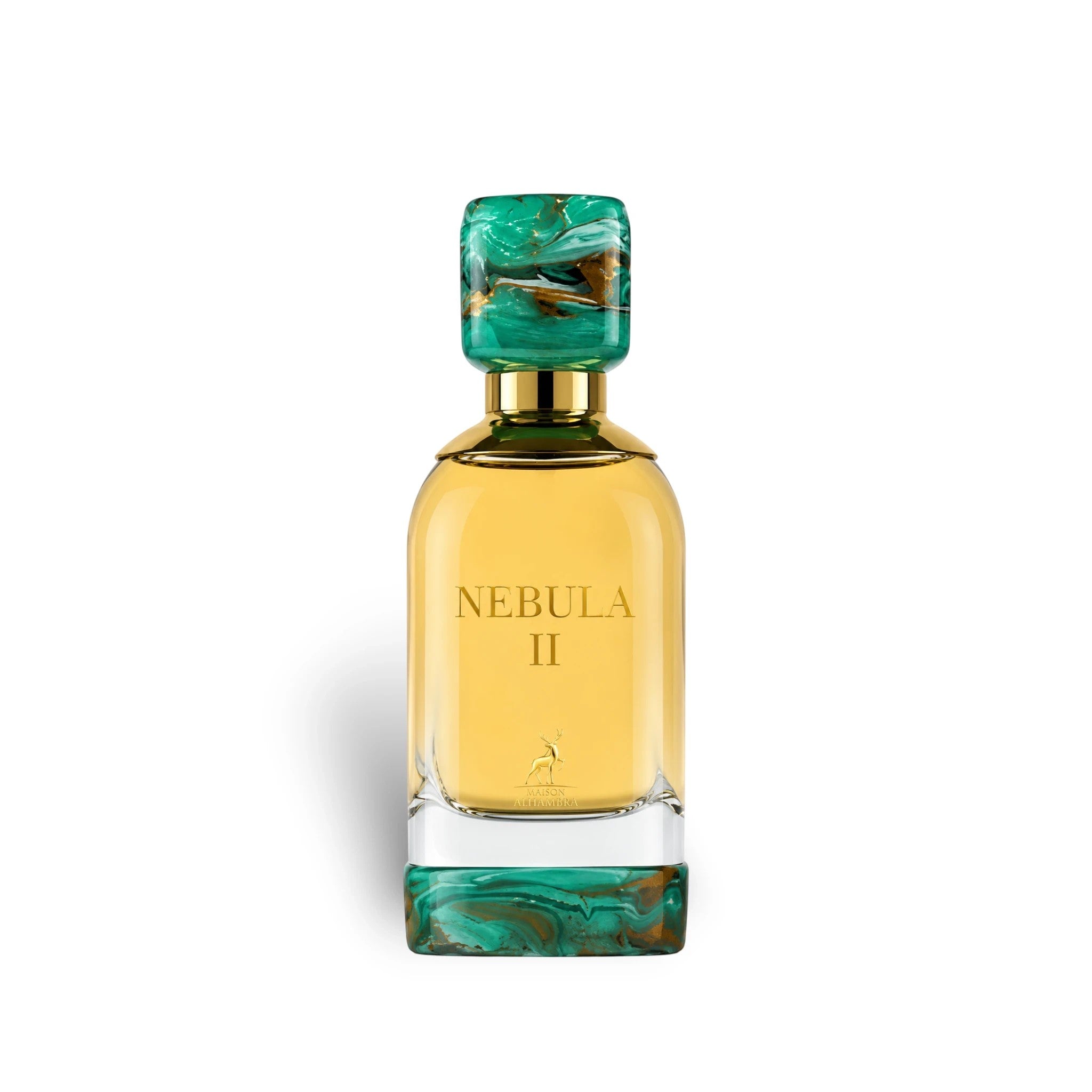 Soghaat Nebula II 100ml Eau de Parfum for unisex, featuring a yellow liquid and a decorative green and gold cap and base.