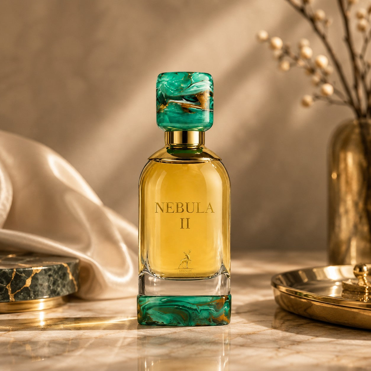 Soghaat Nebula II 100ml Eau de Parfum for unisex, featuring a yellow liquid in a clear glass bottle with green marbled accents on the cap and base.