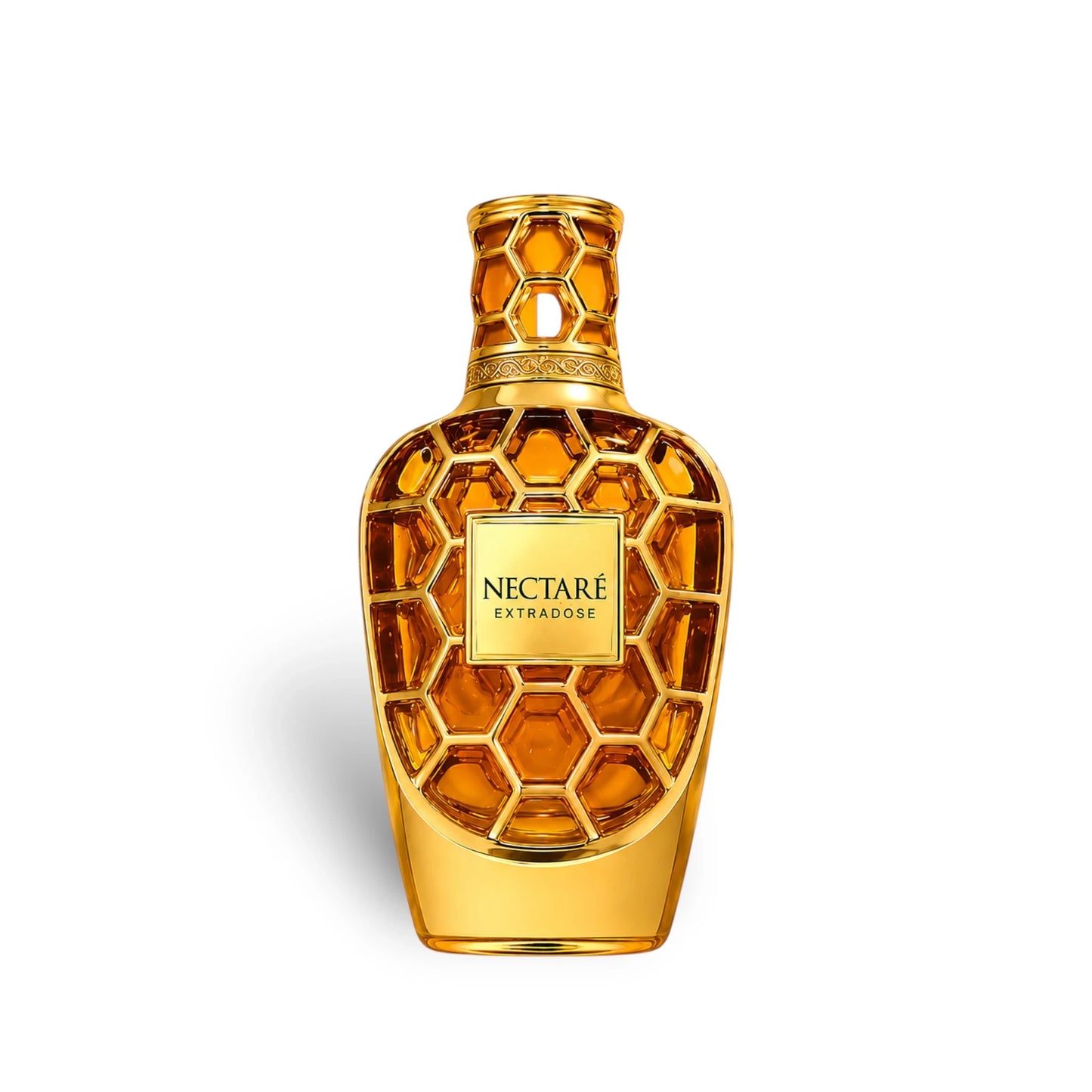 Soghaat Nectare Extradose Extrait de Parfum bottle with gold honeycomb design and amber liquid.