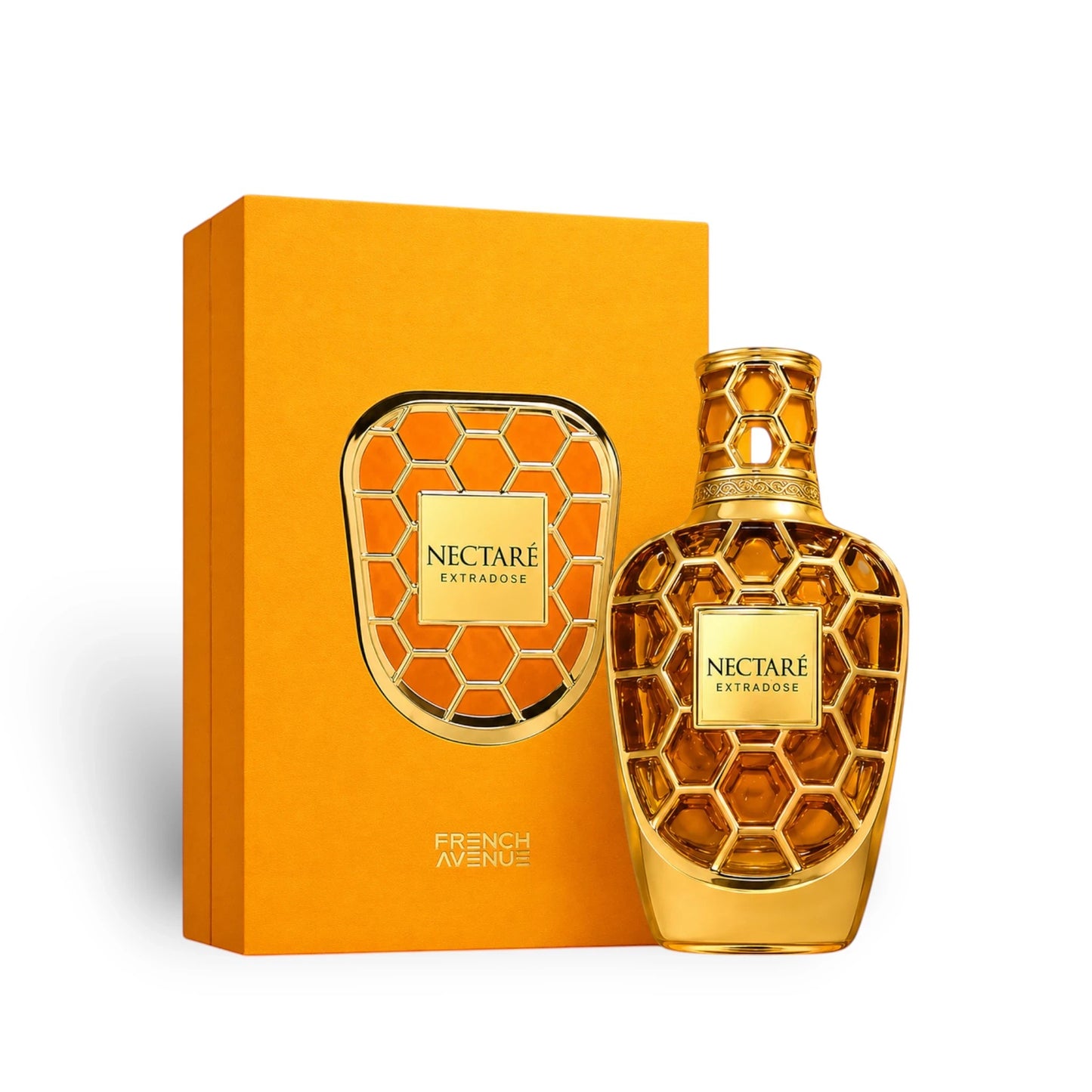 Soghaat Nectare Extradose Extrait de Parfum bottle and box, gold honeycomb design, fresh woody aromatic fragrance.