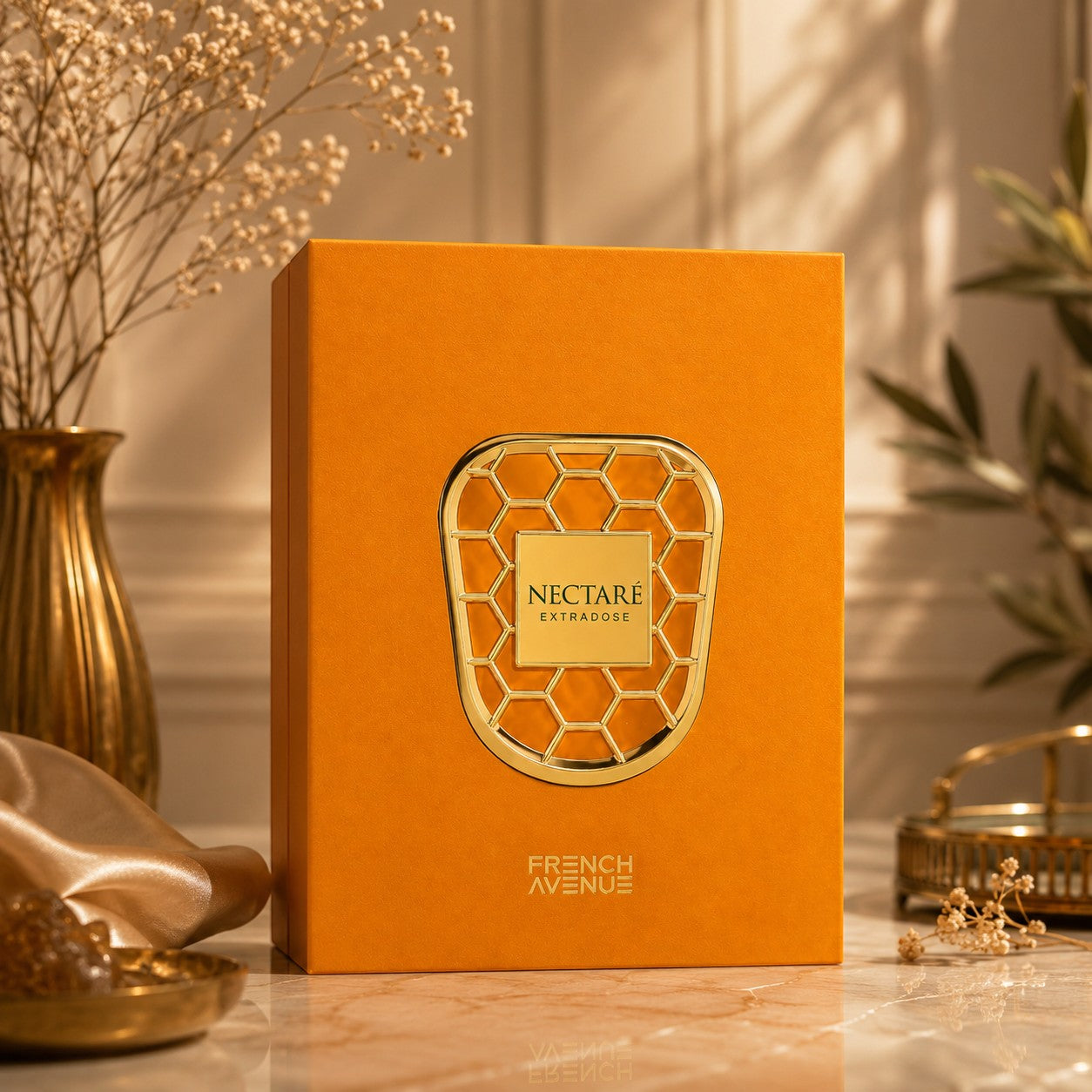 Soghaat Nectare Extradose Extrait de Parfum by French Avenue, orange box with gold honeycomb detail and text.