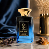 Soghaat New York Eau de Parfum for men and women, a 100ml bottle with a blue gradient glass and gold cap.