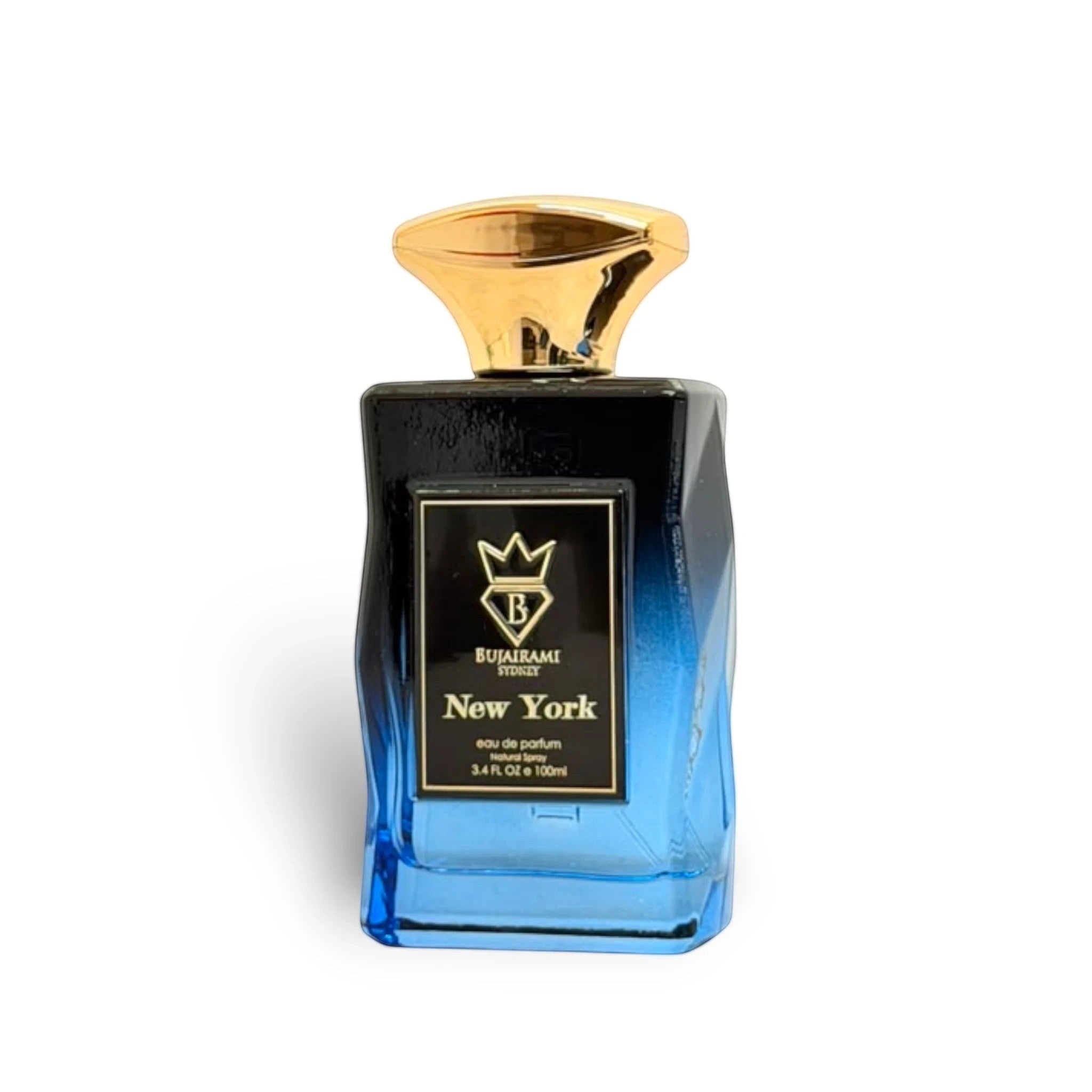 Soghaat New York Eau de Parfum 100ml bottle with a gradient blue and black glass bottle and gold cap. Unisex fragrance.