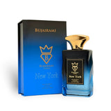 Soghaat New York Eau de Parfum by Bujairami, a unisex fragrance with citrus, fruit, and amber notes in a blue gradient bottle.