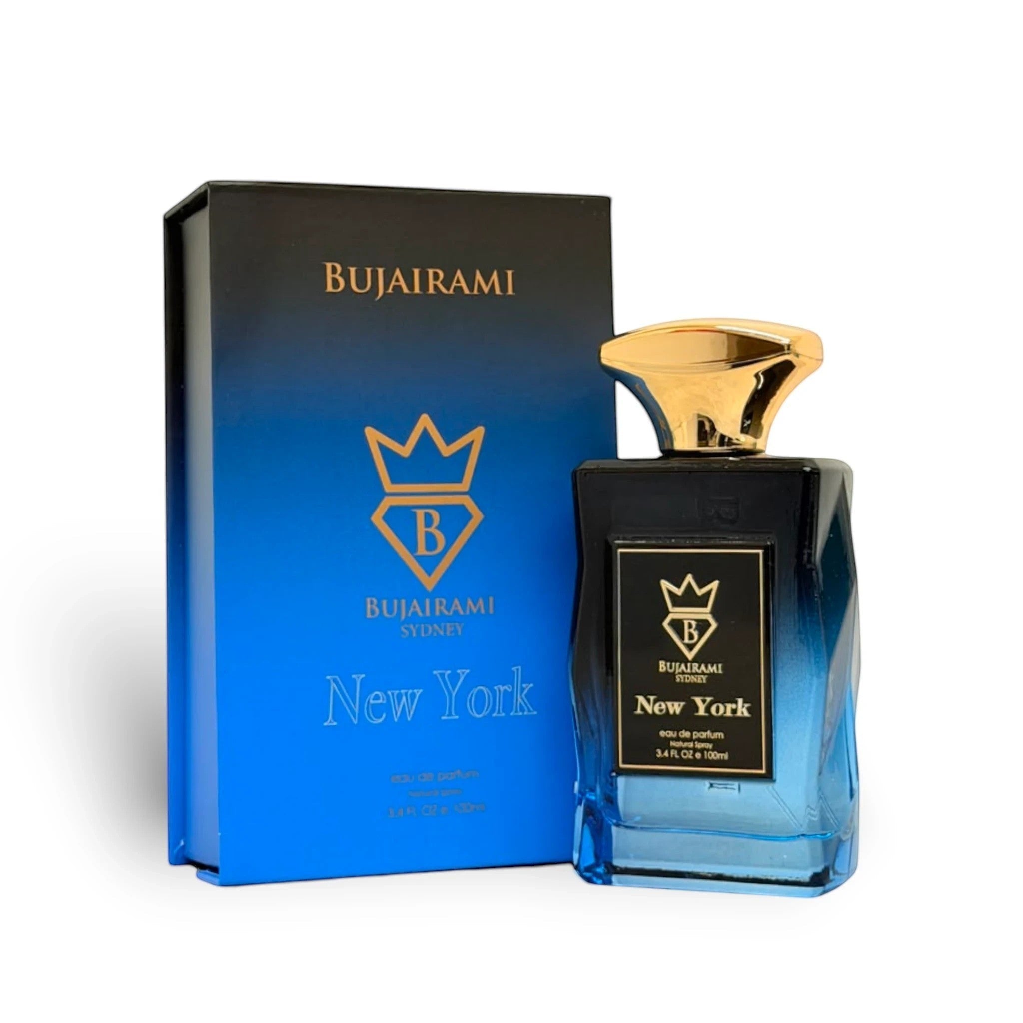 Soghaat New York Eau de Parfum by Bujairami, a unisex fragrance with citrus, fruit, and amber notes in a blue gradient bottle.