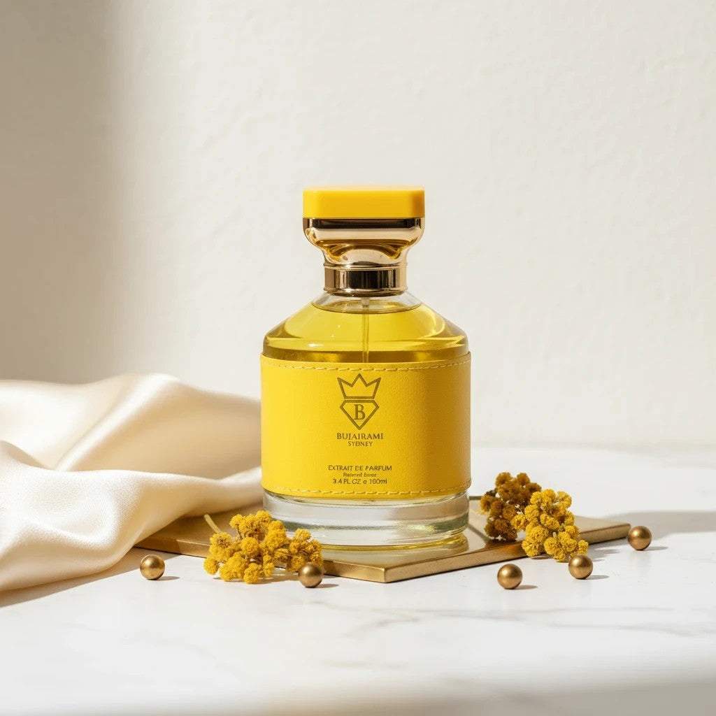 Soghaat Next Level 100ml Extrait de Parfum, unisex fresh floral fragrance with yellow accents and gold details.
