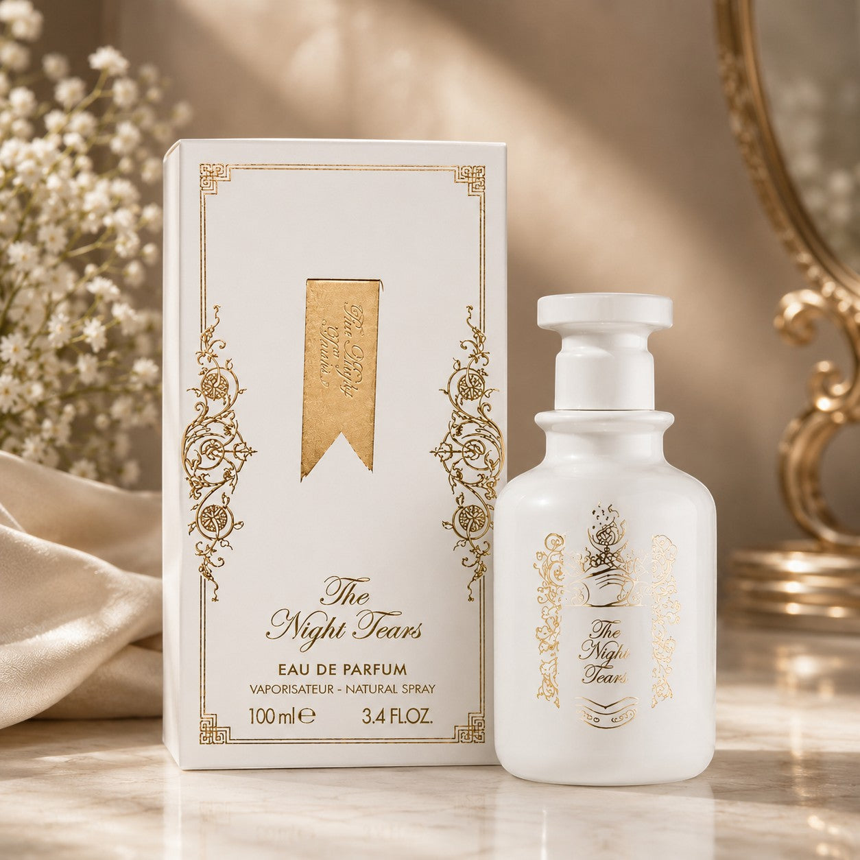Soghaat The Night Tears Eau de Parfum 100ml, a white bottle with gold ornate details and a matching white box.