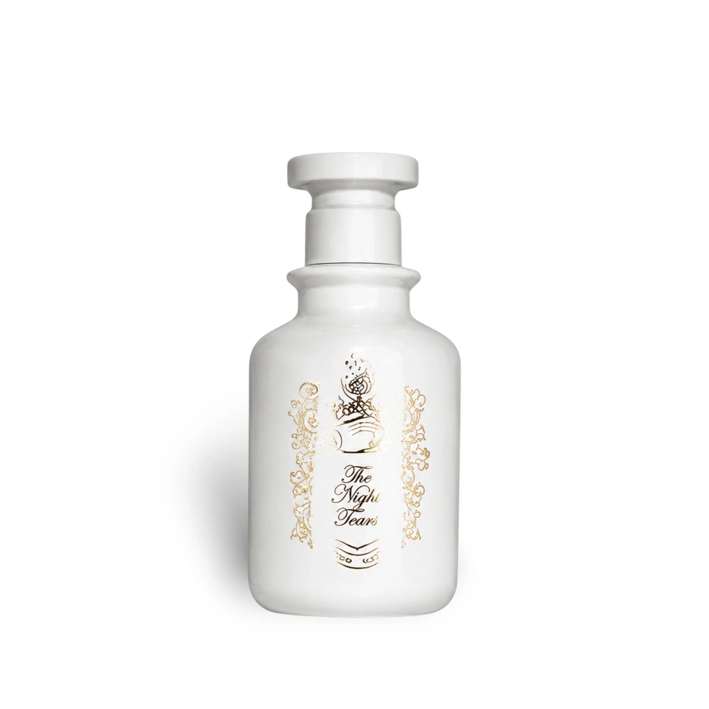 Soghaat The Night Tears 100ml Eau de Parfum, a white bottle with gold floral accents and script.