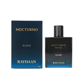 Soghaat Nocturno Elixir Eau de Parfum for men, 100ml bottle and box. Fresh spicy woody fragrance with citrus, mint, ginger, nutmeg, sandalwood, and cedar notes.