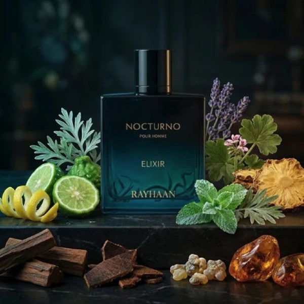 Soghaat Nocturno Elixir Eau de Parfum for men, a fresh spicy woody fragrance with citrus, mint, ginger, nutmeg, sandalwood, and cedar notes.