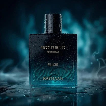 Soghaat Nocturno Elixir Eau de Parfum for men, a dark glass bottle with water droplets, featuring gold text.