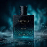 Soghaat Nocturno Elixir Eau de Parfum for men, a dark glass bottle with water droplets, featuring gold text.