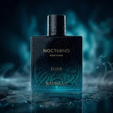 Soghaat Nocturno Elixir Eau de Parfum for men, a dark glass bottle with water droplets, featuring gold text.