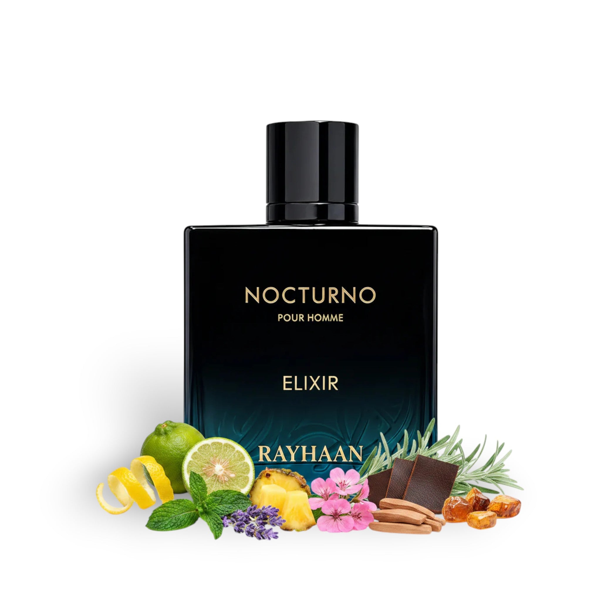 Soghaat Nocturno Elixir Eau de Parfum for men, a dark bottle with citrus, mint, pineapple, and woody notes.