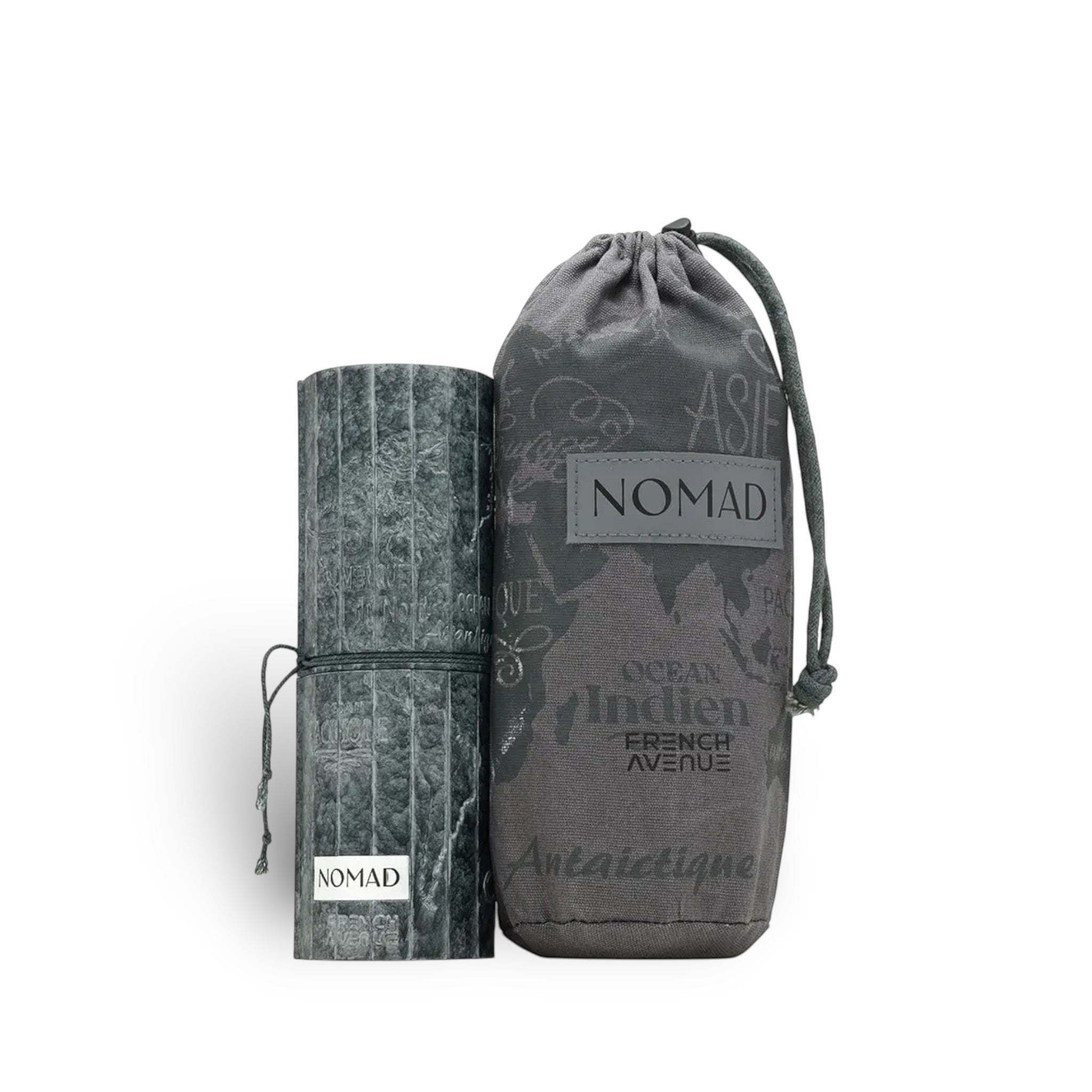 Soghaat Nomad 100ml Extrait de Parfum bottle and grey pouch with world map design.