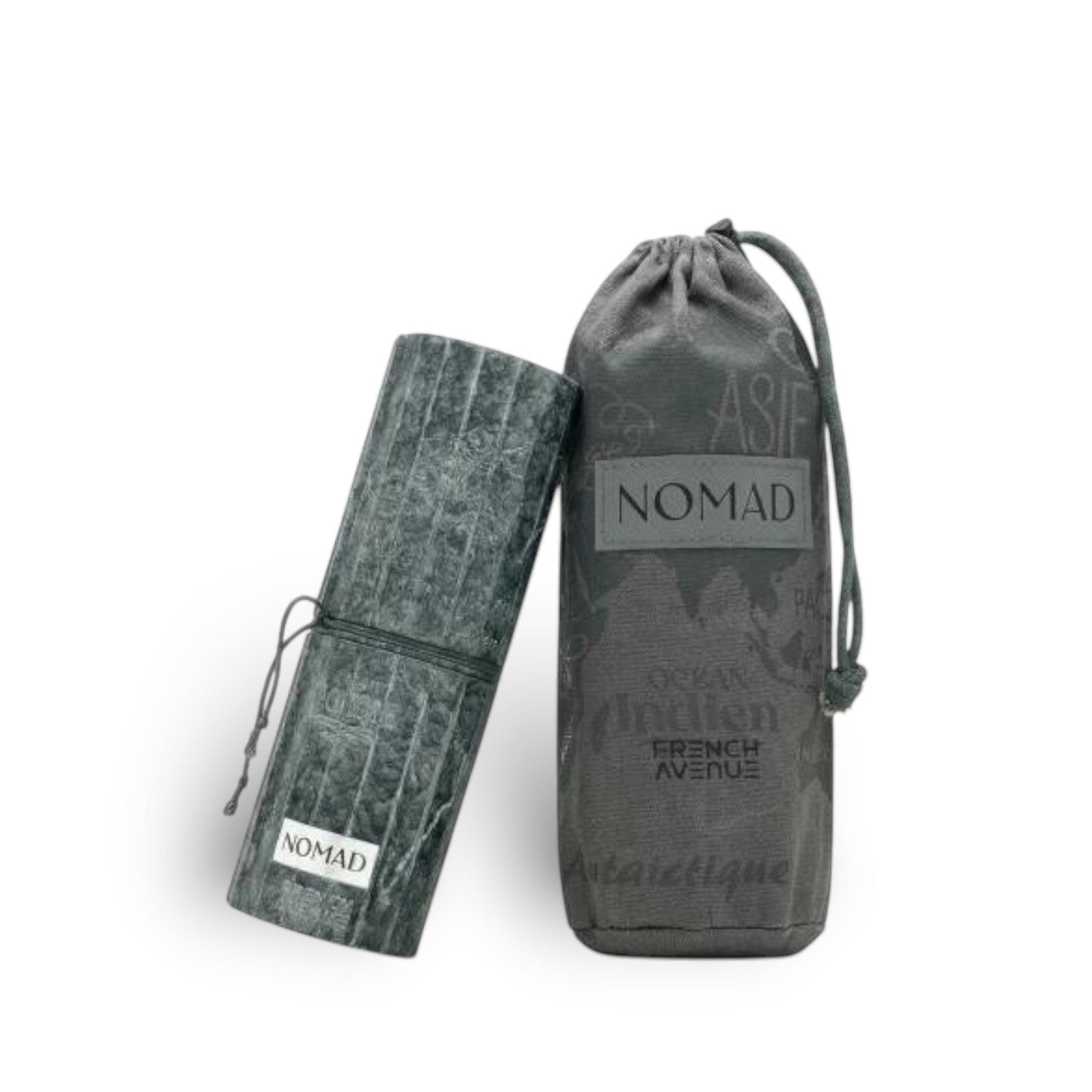Soghaat Nomad 100ml Extrait de Parfum in a grey textured case and matching drawstring bag.