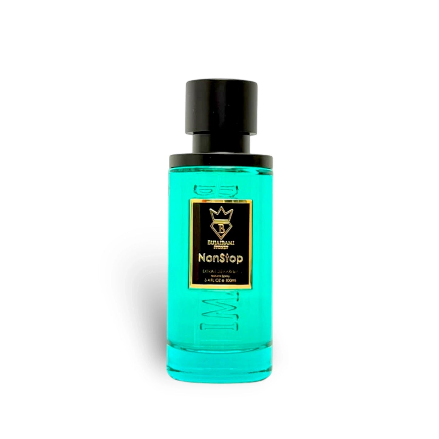 Soghaat Non Stop Extrait de Parfum for men, 100ml bottle with turquoise liquid and black cap. Features citrus, fruity, and amber notes.