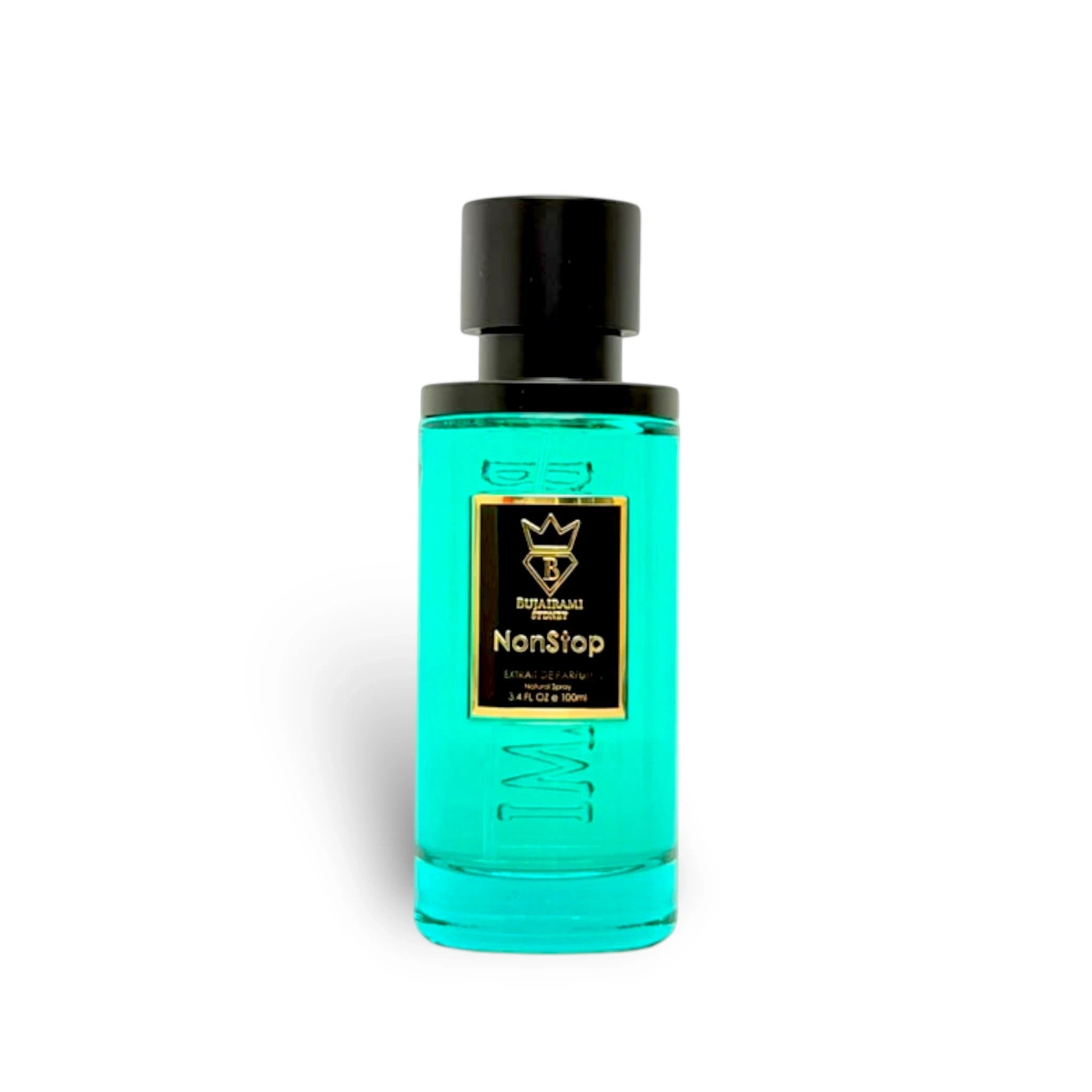 Soghaat Non Stop Extrait de Parfum for men, 100ml bottle with turquoise liquid and black cap. Features citrus, fruity, and amber notes.