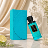 Soghaat Non Stop Extrait de Parfum for men, a 100ml turquoise bottle with a black cap, leaning against its matching turquoise box.