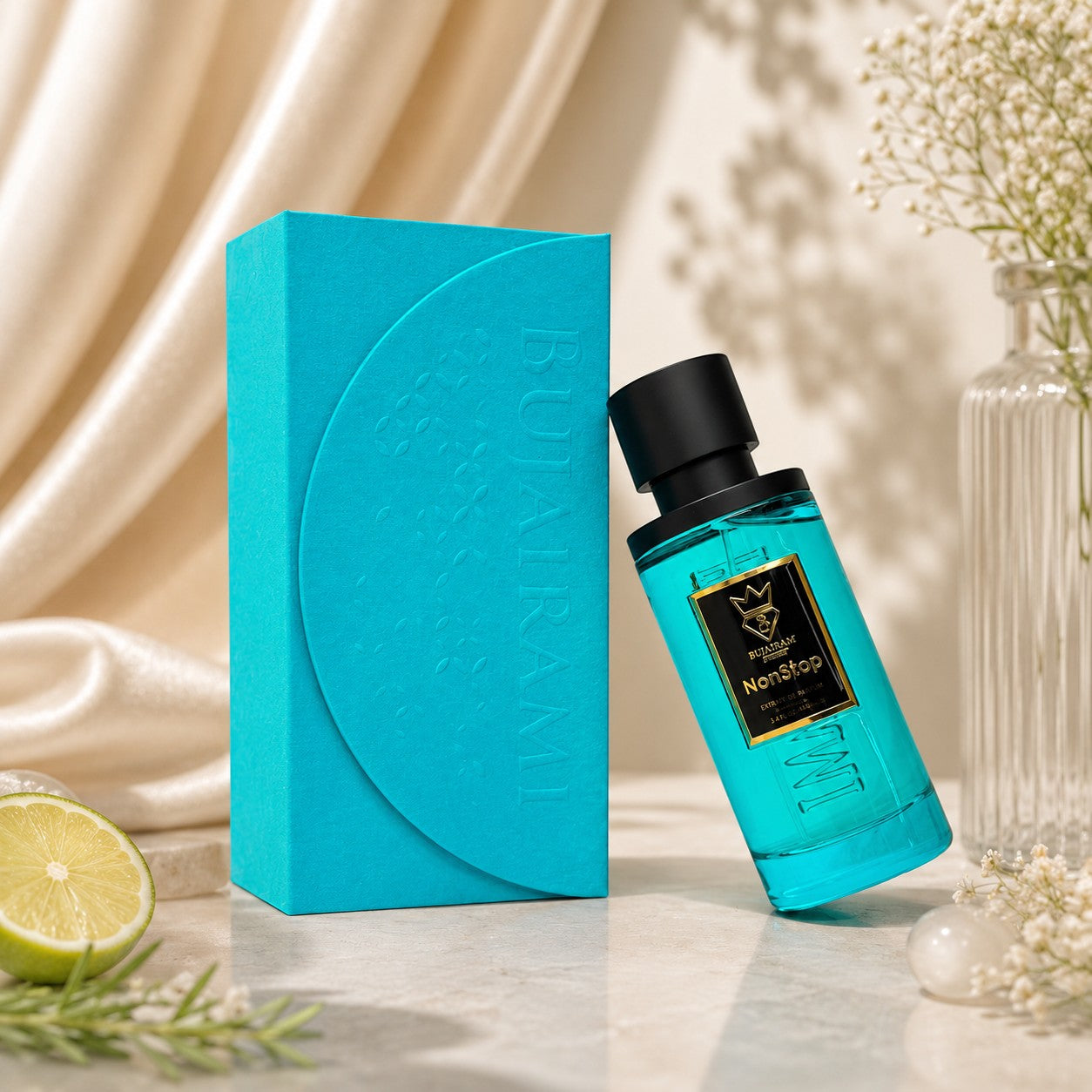 Soghaat Non Stop Extrait de Parfum for men, a 100ml turquoise bottle with a black cap, leaning against its matching turquoise box.
