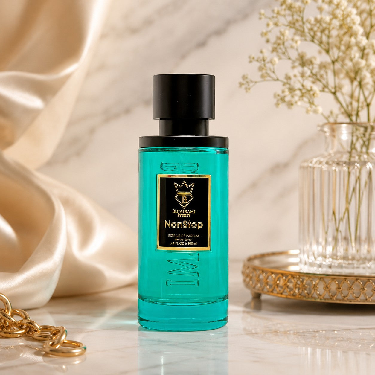 Soghaat Non Stop 100ml Extrait de Parfum for men with citrus, mint, and amber notes in a turquoise bottle.