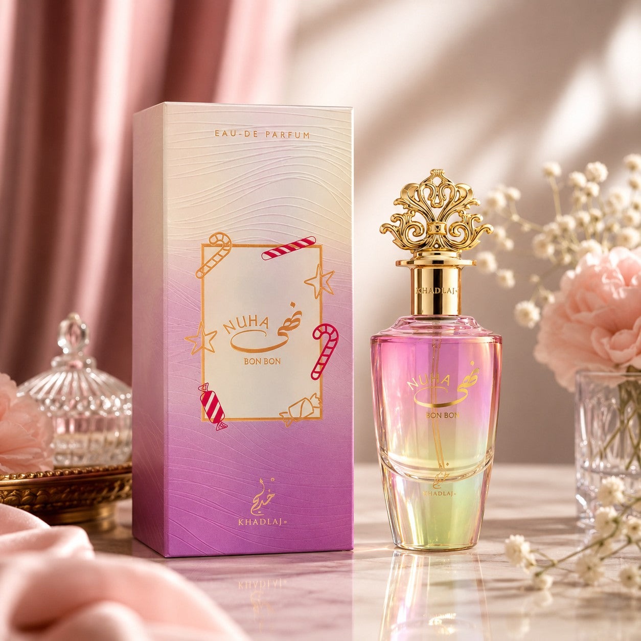 Soghaat Nuha Bon Bon 85ml Eau de Parfum bottle with a gradient of pink, yellow, and green, topped with a gold ornate cap. The box features candy cane and star designs.